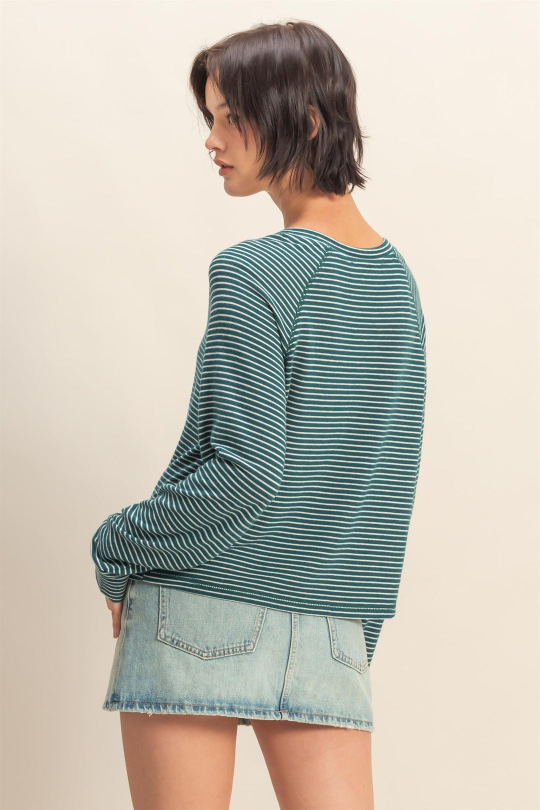 Come for It Striped Raglan Long Sleeve Top in Green/White