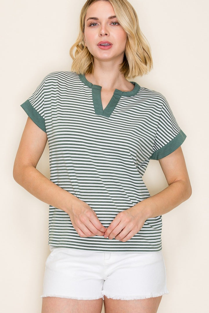 The Good Life Striped Short Sleeve Top in Green