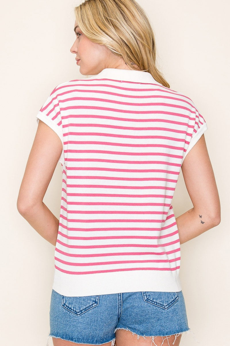 It's Going Well Pink and White Stripped Collared Short Sleeve Top