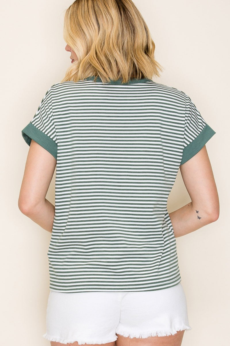 The Good Life Striped Short Sleeve Top in Green