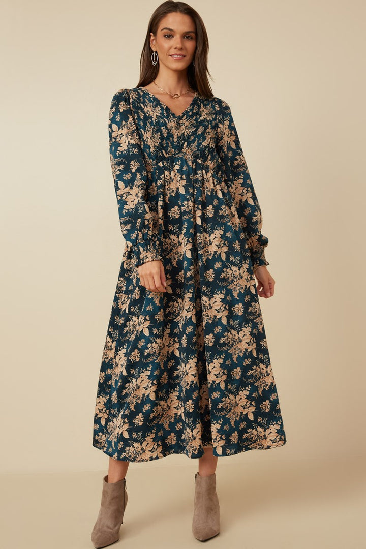 Be Your Best Floral Smocked V-Neck Dress in Teal