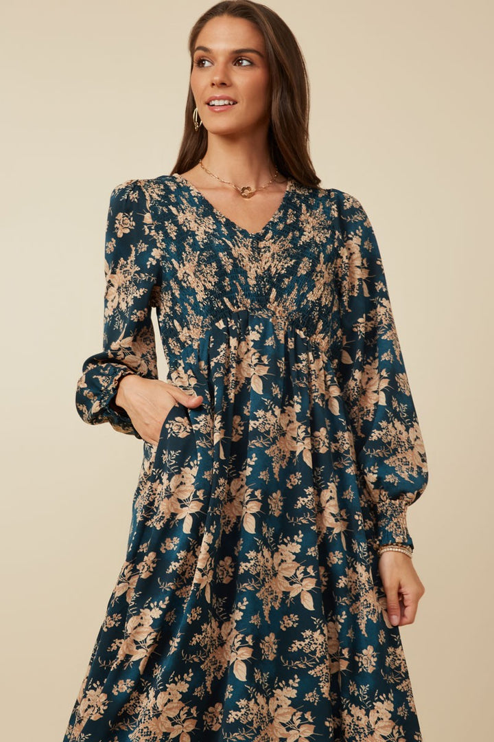 Be Your Best Floral Smocked V-Neck Dress in Teal