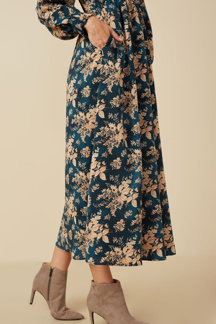 Be Your Best Floral Smocked V-Neck Dress in Teal