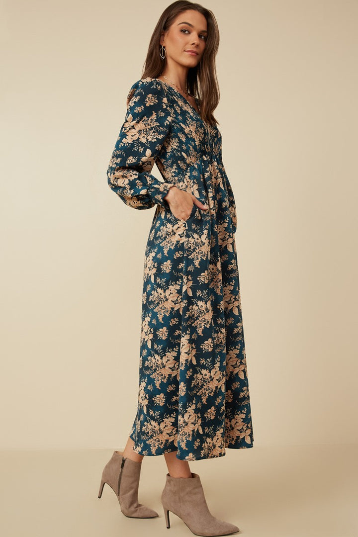 Be Your Best Floral Smocked V-Neck Dress in Teal