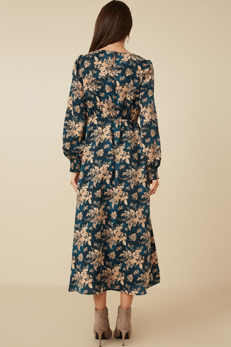 Be Your Best Floral Smocked V-Neck Dress in Teal