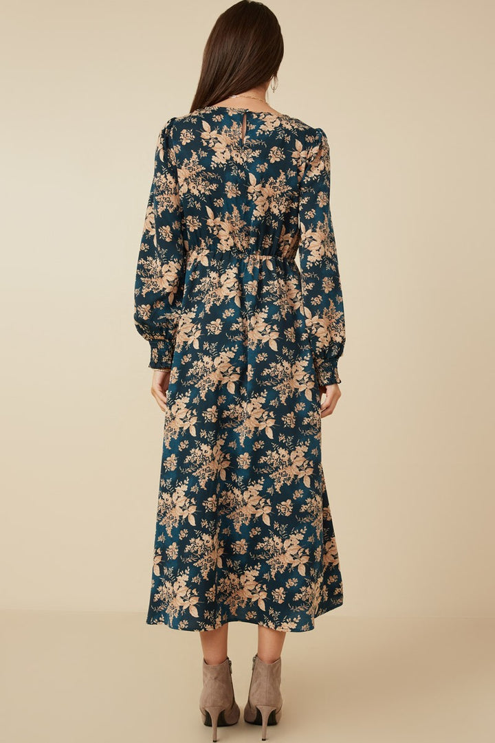 Be Your Best Floral Smocked V-Neck Dress in Teal