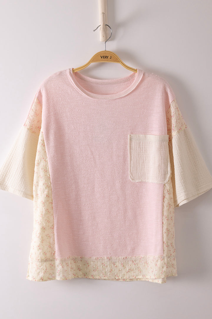 Sweet Summer Pink Patchwork Floral Short Sleeve Top