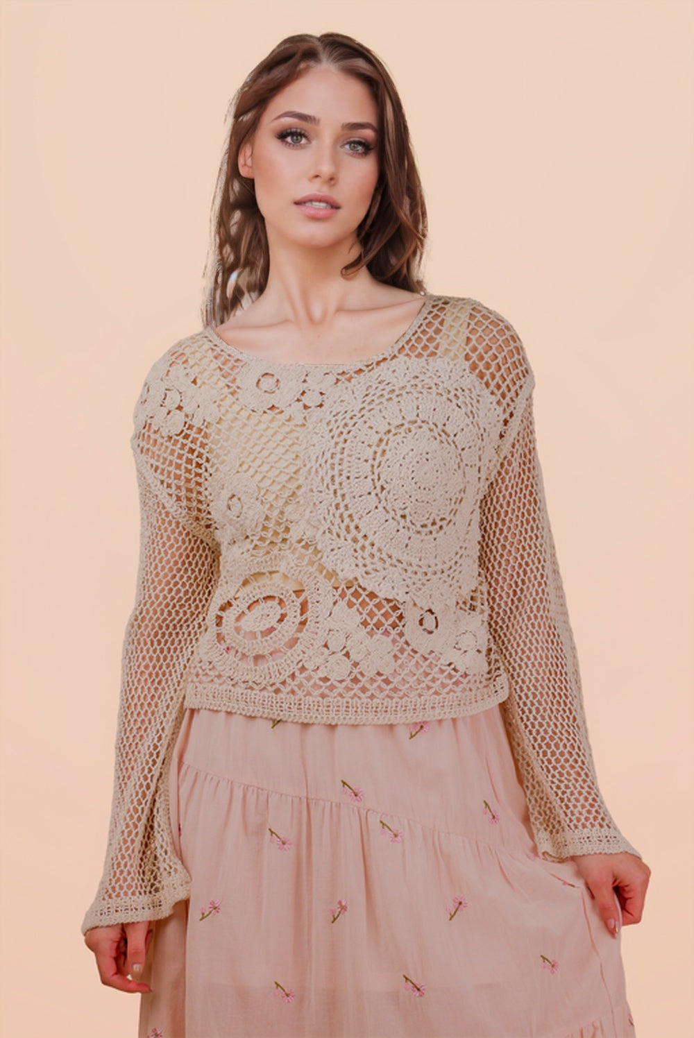 Bohemian Crochet Long Sleeve Knit Top In Natural