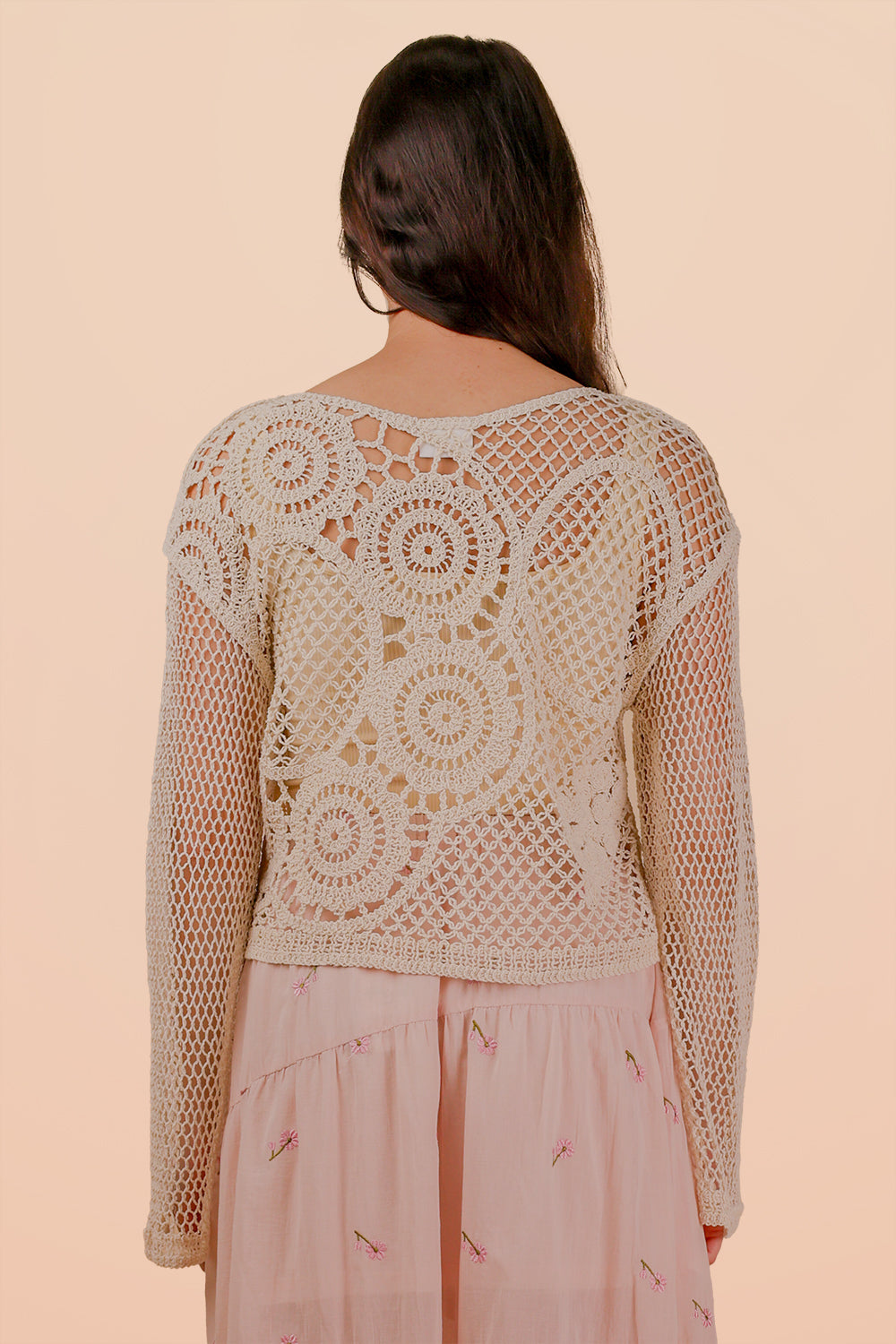 Bohemian Crochet Long Sleeve Knit Top In Natural