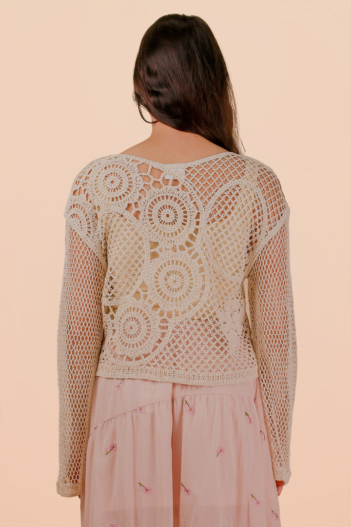 Bohemian Crochet Long Sleeve Knit Top In Natural