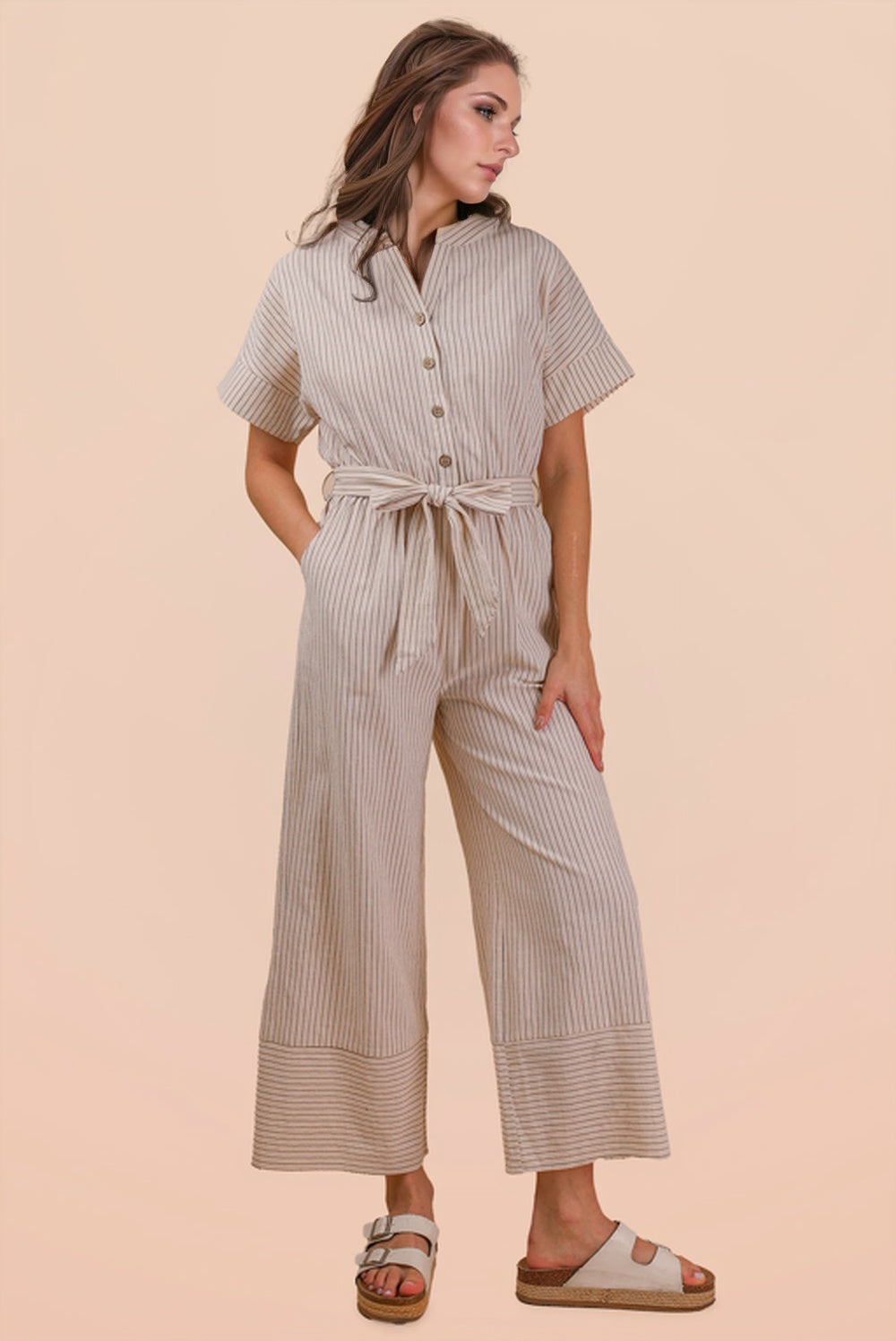 Big Dreams Half Button Down Stripe Linen Woven Jumpsuit In Oatmeal