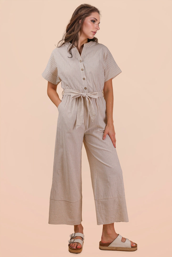 Big Dreams Half Button Down Stripe Linen Woven Jumpsuit In Oatmeal