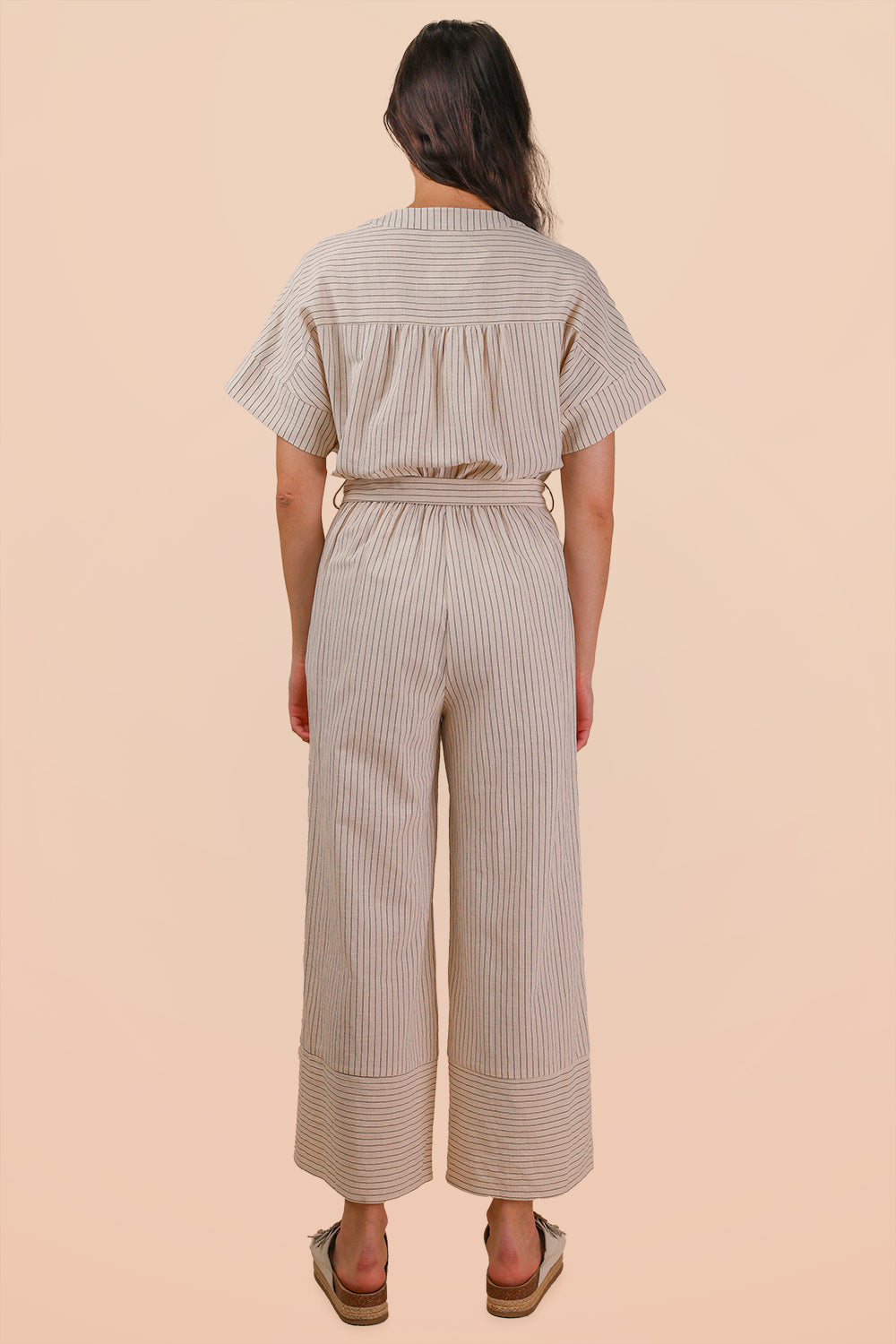 Big Dreams Half Button Down Stripe Linen Woven Jumpsuit In Oatmeal