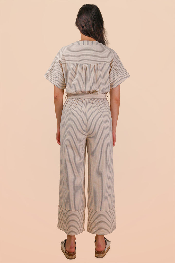 Big Dreams Half Button Down Stripe Linen Woven Jumpsuit In Oatmeal