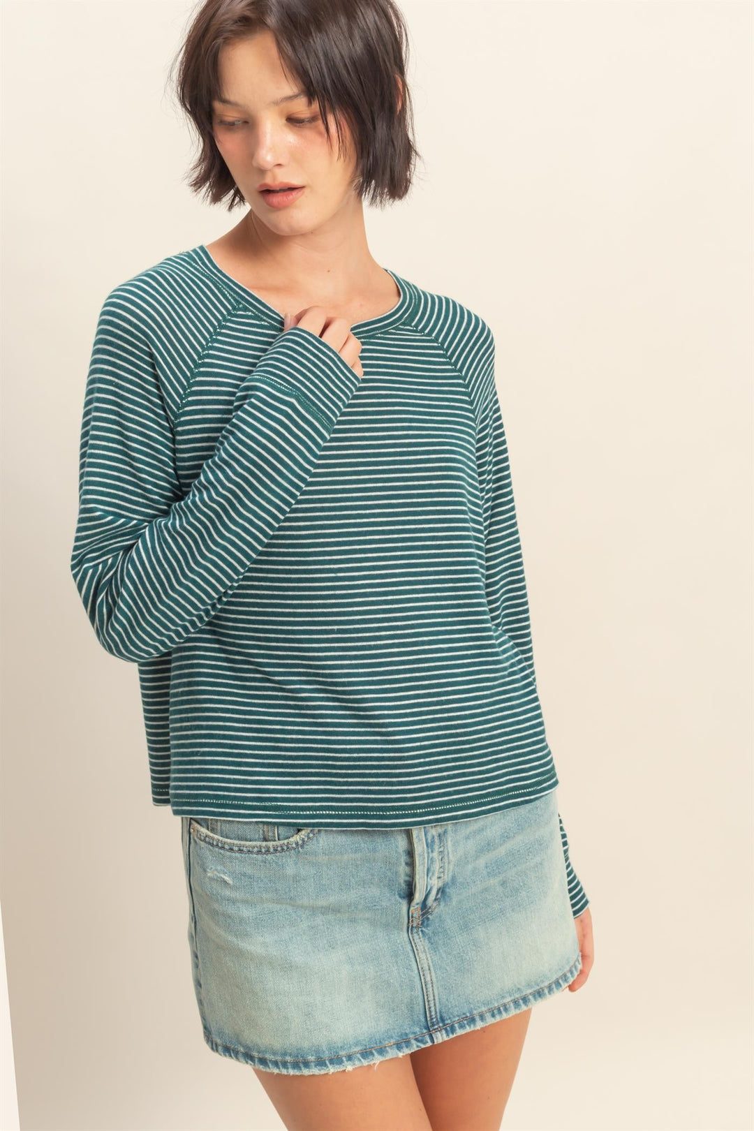 Come for It Striped Raglan Long Sleeve Top in Green/White