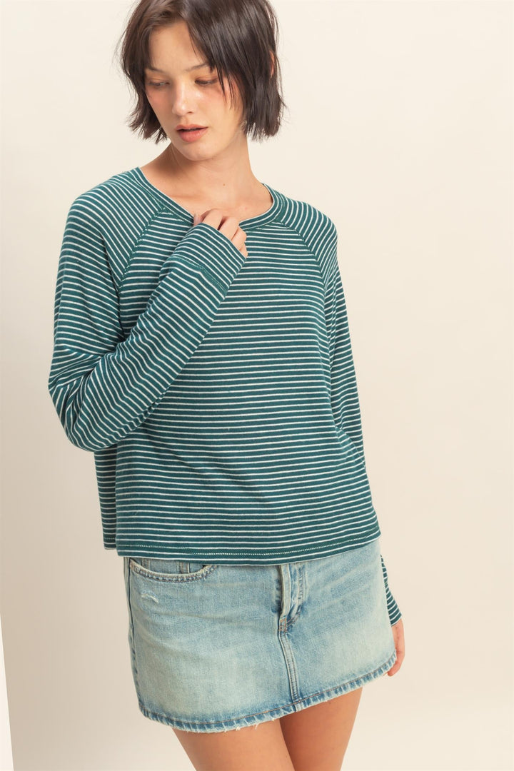 Come for It Striped Raglan Long Sleeve Top in Green/White