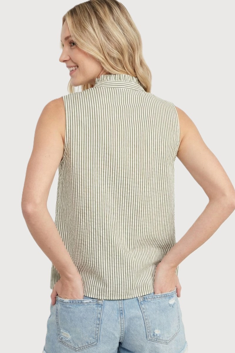 Walking Towards the Garden Sleeveless Button Down in Olive Stripe