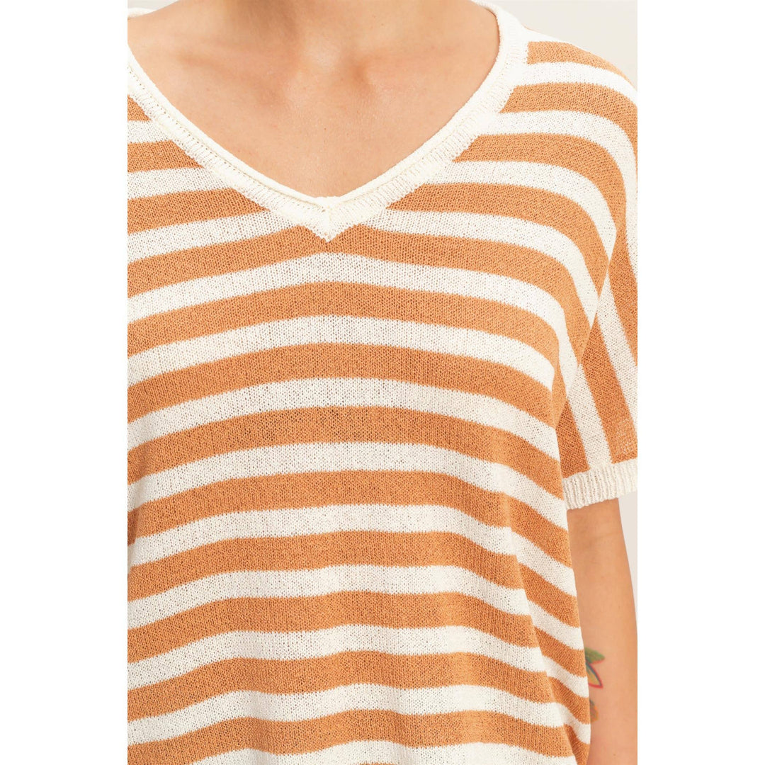 Striped V-Neck Short Dolman Sleeve Oversized Top