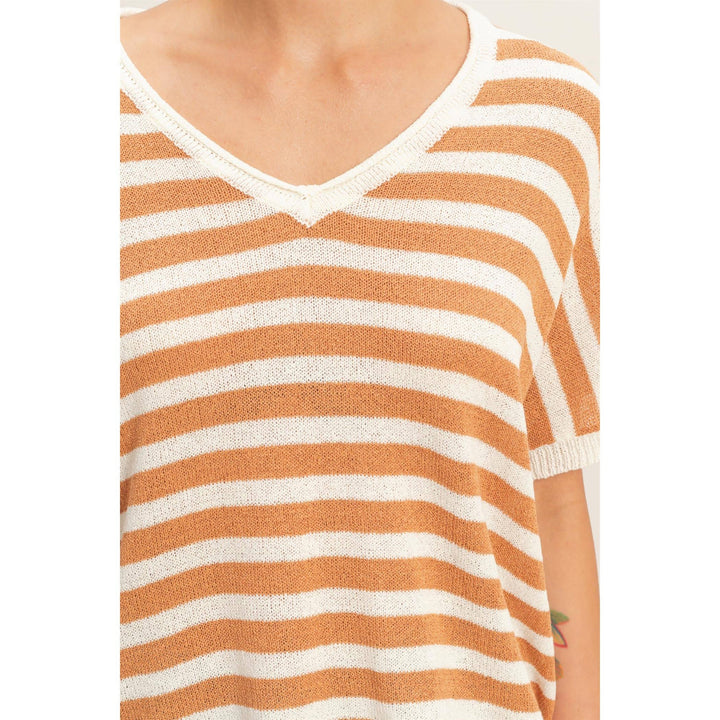 Striped V-Neck Short Dolman Sleeve Oversized Top