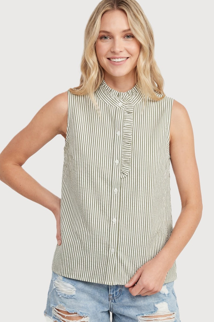 Walking Towards the Garden Sleeveless Button Down in Olive Stripe