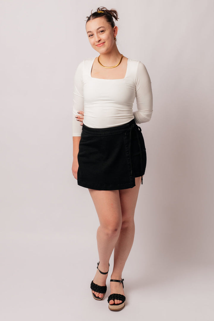 Bentli High Rise Side Tie Denim Skort in Black