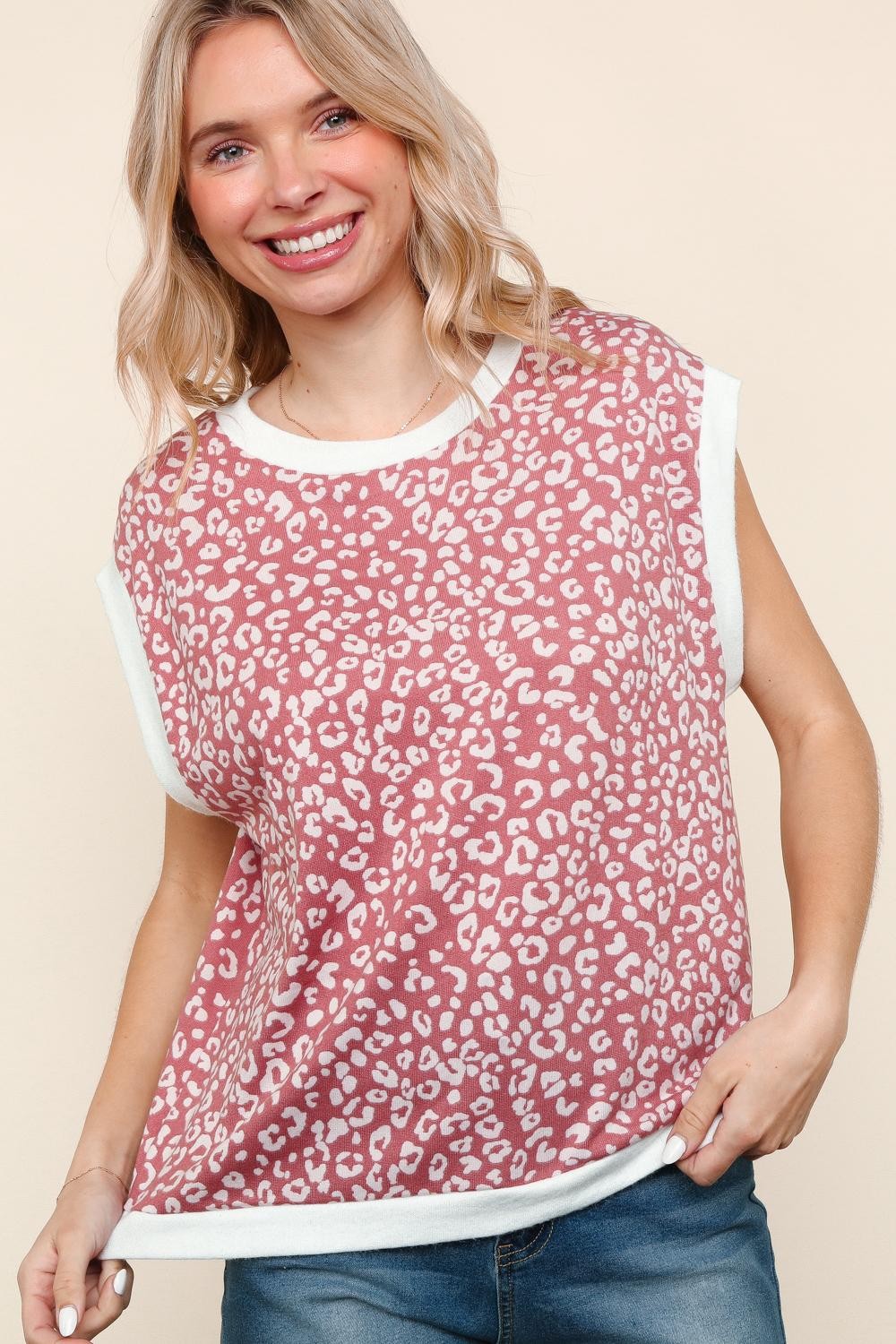 Wild Wishes Mauve/White Leopard Print Sleeveless Top