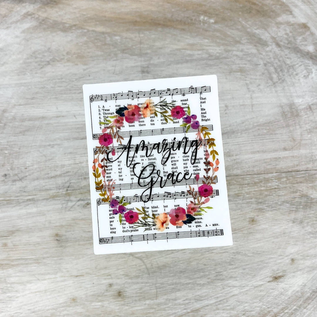 Amazing Grace Hymn, Floral Christian Sticker, 3x3 inch