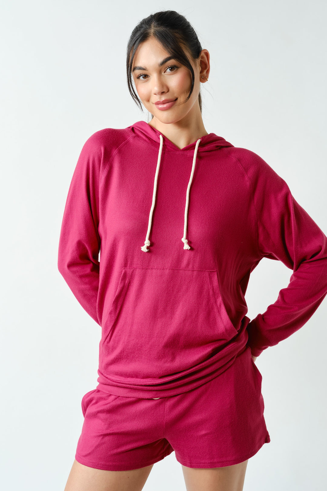 There for It Brushed Hacci Lounge Hoodie in Plum Pink