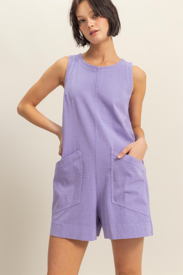 Lost in Your Love Sleeveless Romper with Pockets in Wisteria