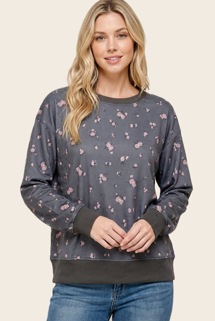 Sunday Smiles Light Weight Floral Sweatshirt in Grey