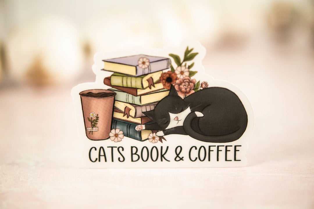 Cats Book & Coffee,  Vinyl Sticker, 3x3 in.