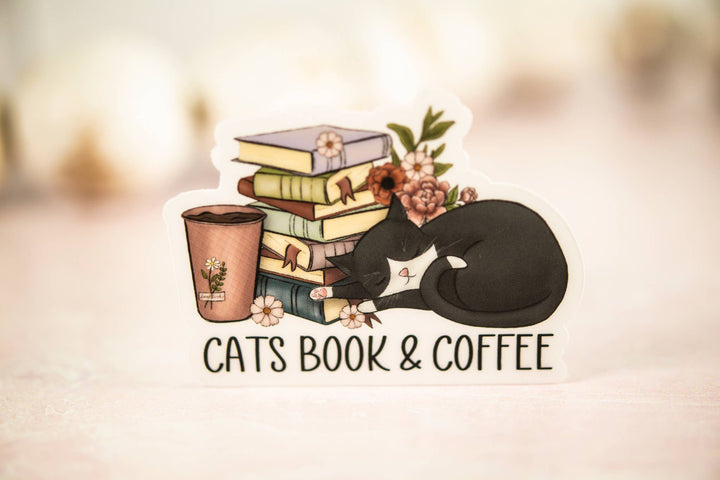 Cats Book & Coffee,  Vinyl Sticker, 3x3 in.