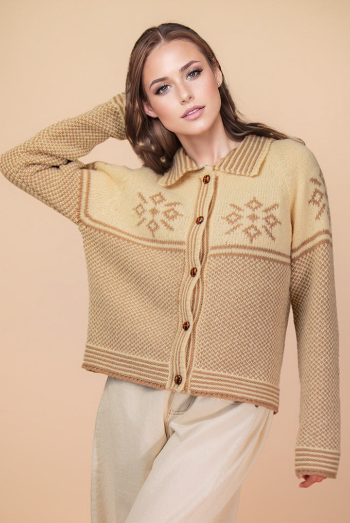 Snowflake Graphic Collared Knit Sweater Cardigan In Latte