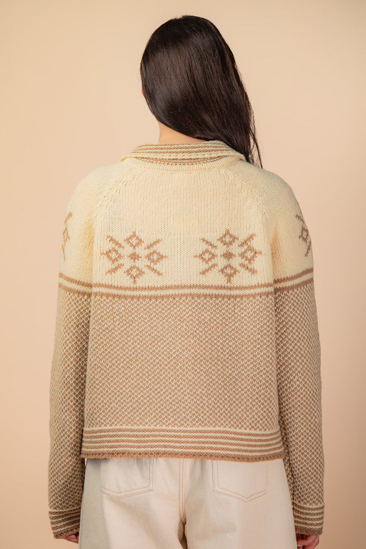 Snowflake Graphic Collared Knit Sweater Cardigan In Latte
