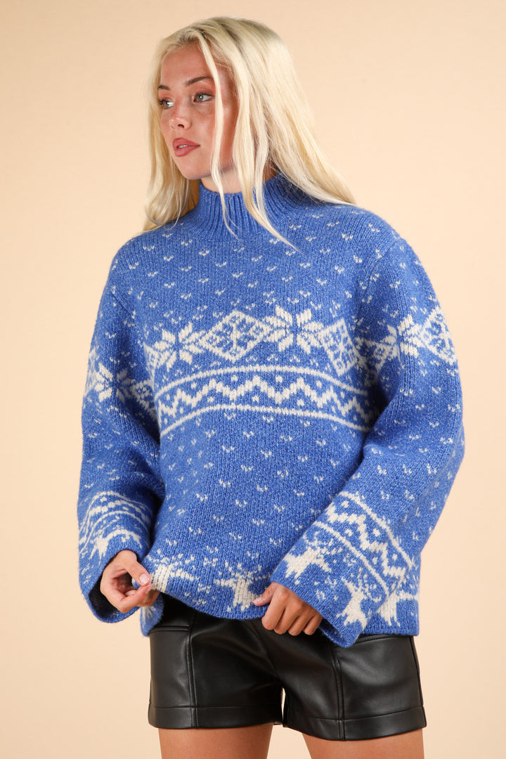 Winter Weather Blue Sweater with Reindeer Design