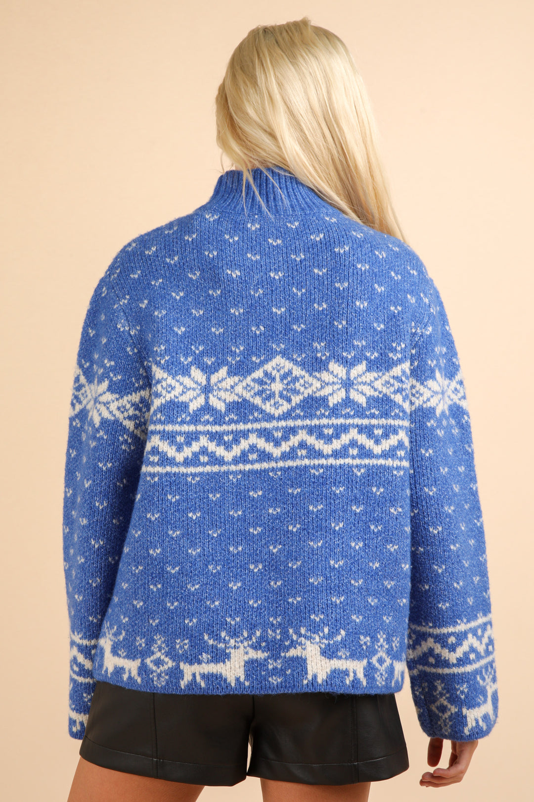 Winter Weather Blue Sweater with Reindeer Design