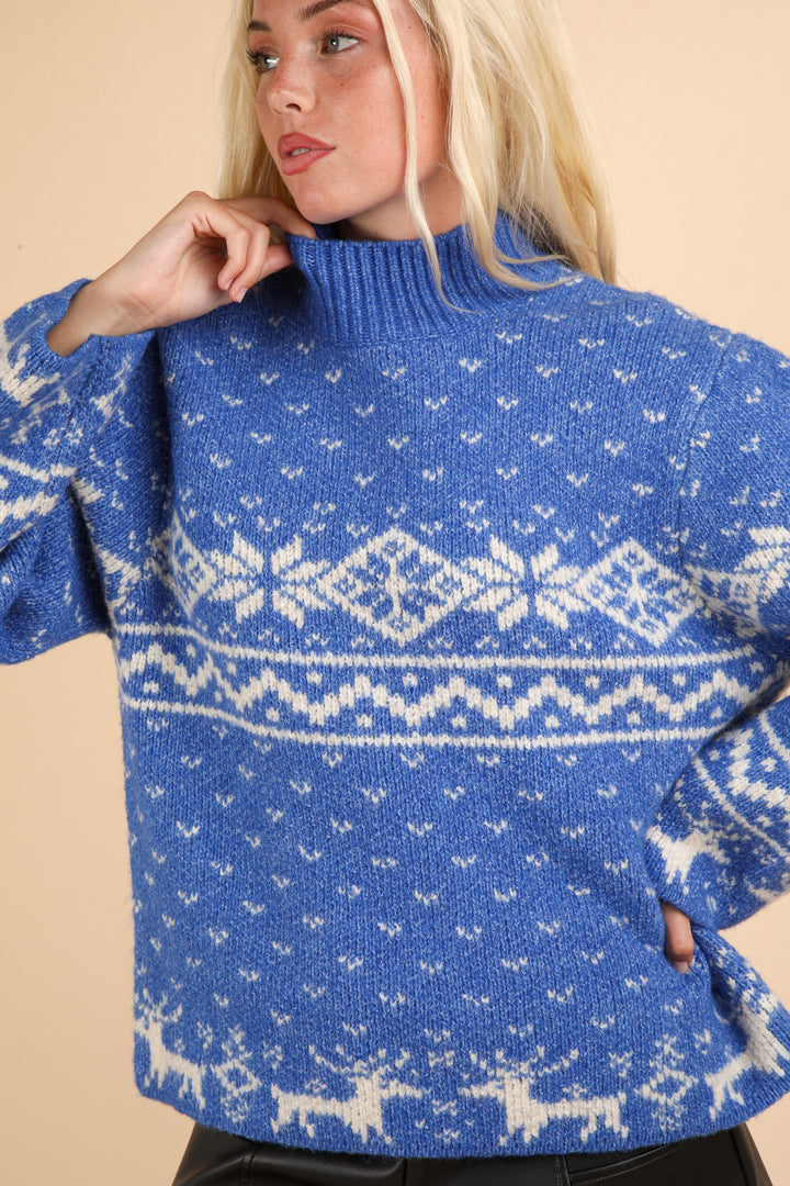 Winter Weather Blue Sweater with Reindeer Design