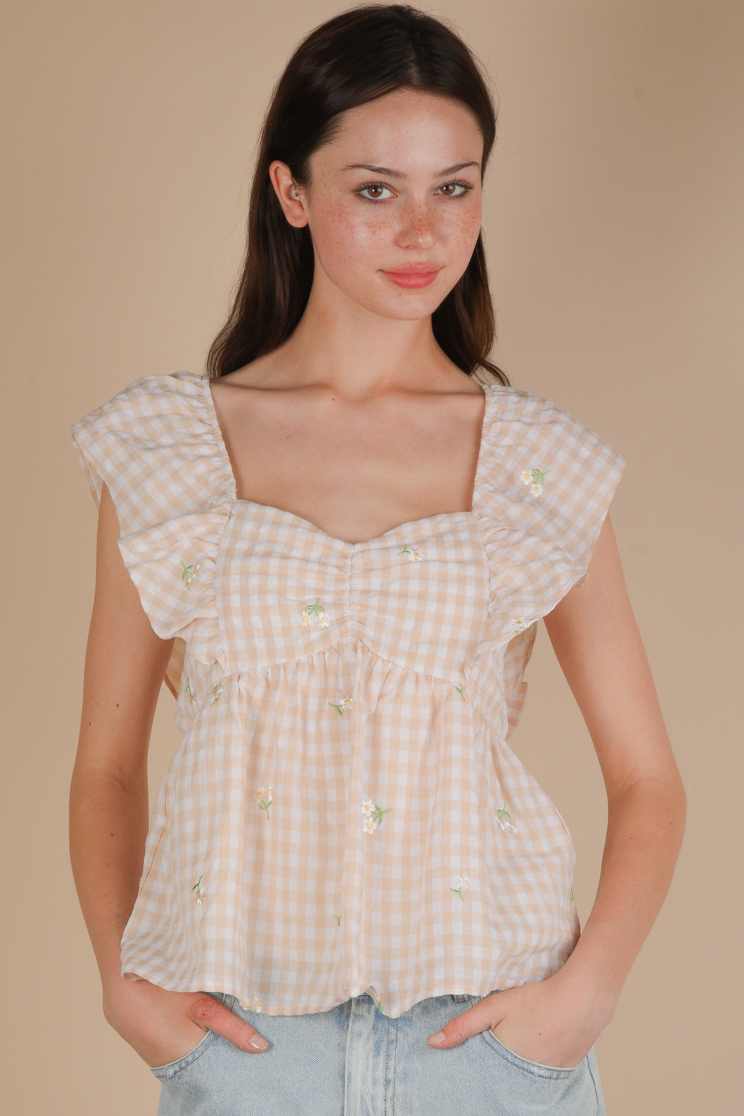 In Bloom Embroidered Checkered Sleeveless Top in Taupe