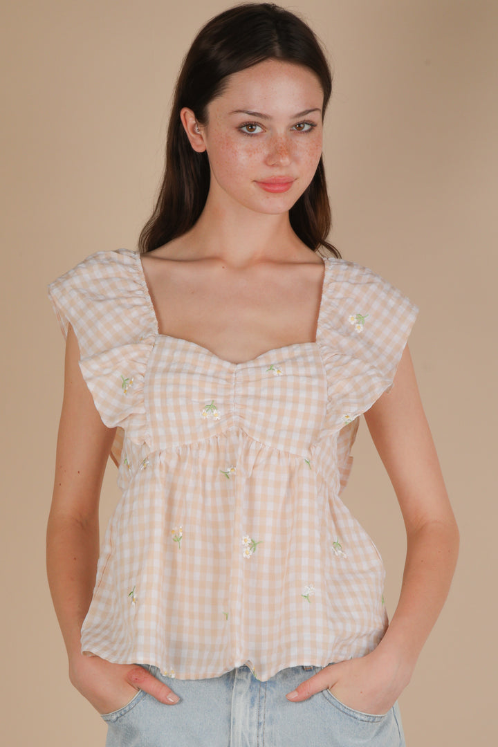 In Bloom Embroidered Checkered Sleeveless Top in Taupe