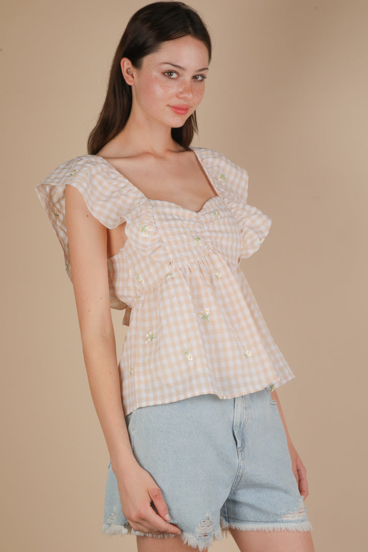 In Bloom Embroidered Checkered Sleeveless Top in Taupe