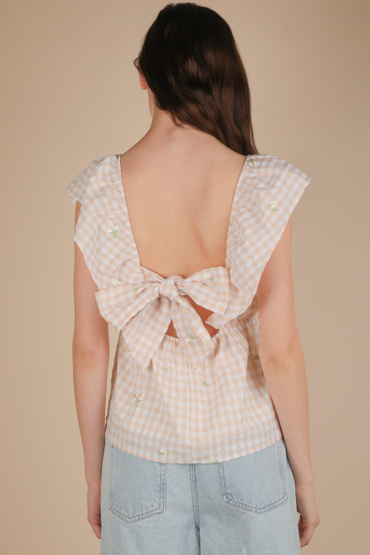 In Bloom Embroidered Checkered Sleeveless Top in Taupe