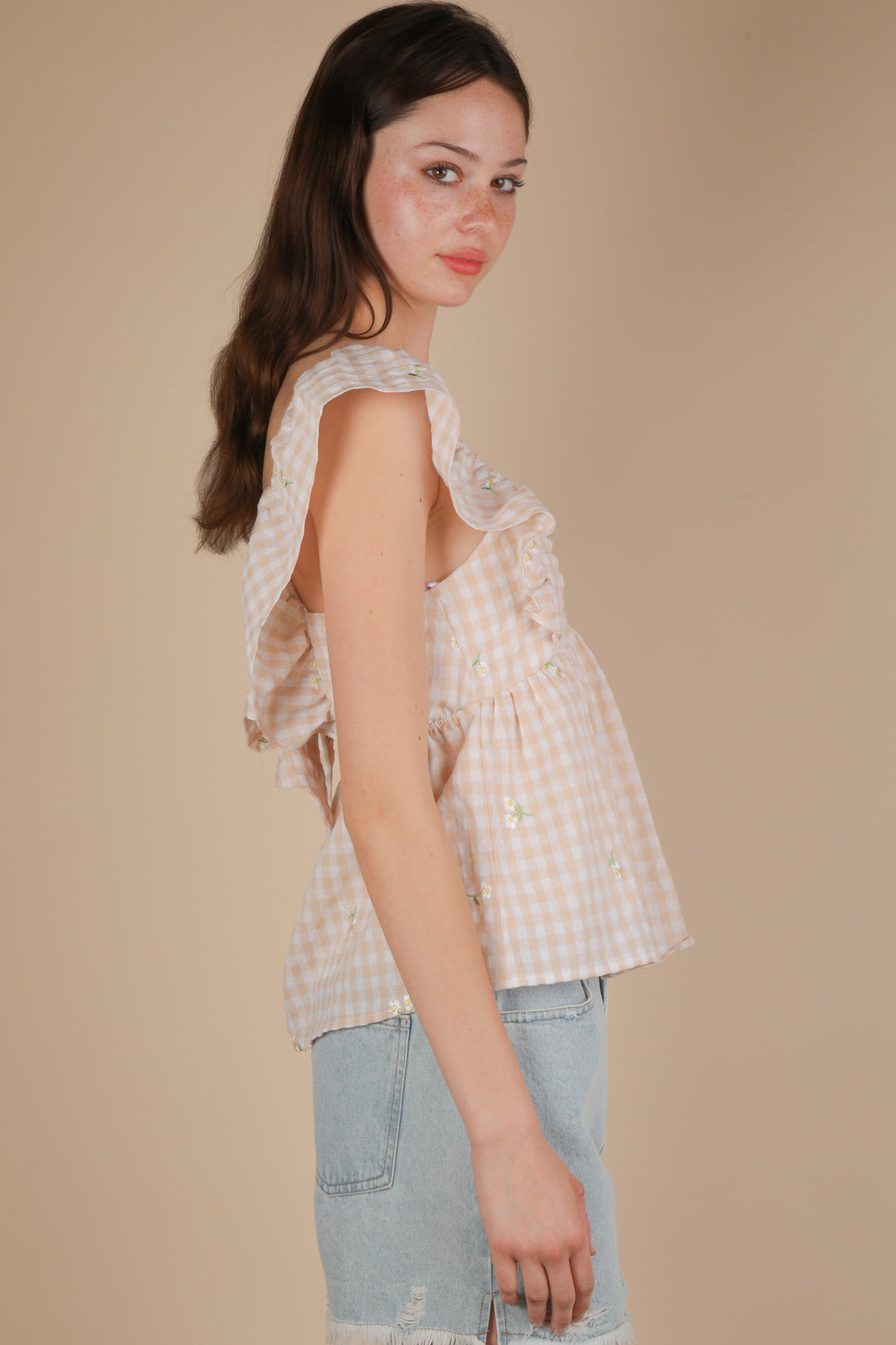 In Bloom Embroidered Checkered Sleeveless Top in Taupe