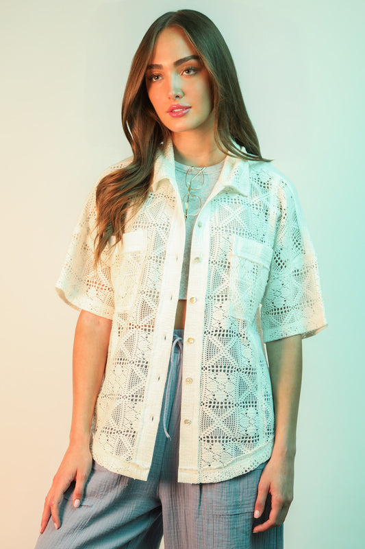 Spring Muse Crochet Button Down Shirt in White + SIZE