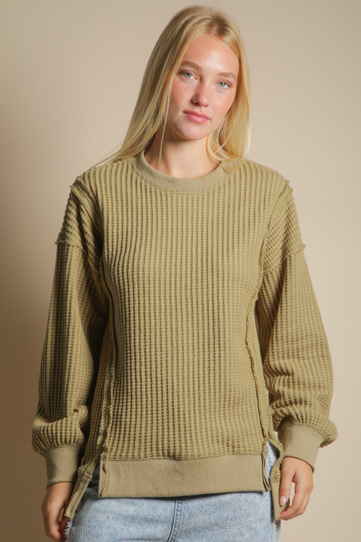 Simple & Sweet Oversized Waffle Knit Casual Top In Olive