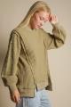 Olive Long Sleave Waffle Knit Raw Edge Drop Shoulder Top