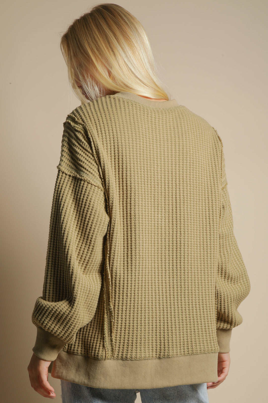 Simple & Sweet Oversized Waffle Knit Casual Top In Olive