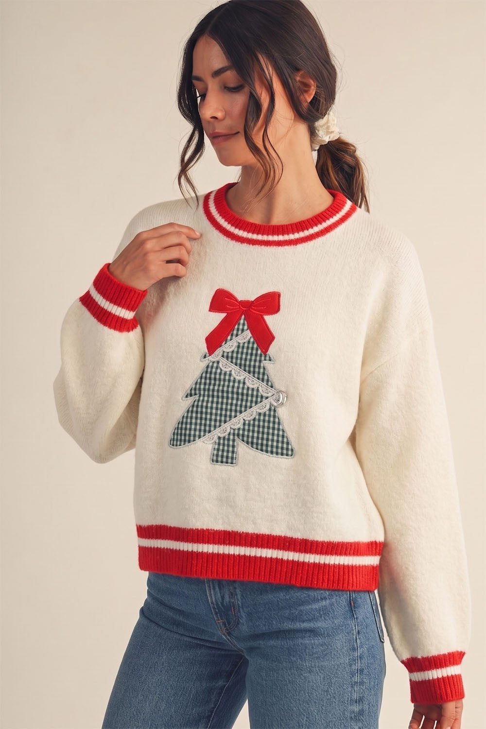 Rockin' Around the Christmas Tree Plaid Sweater in Cream