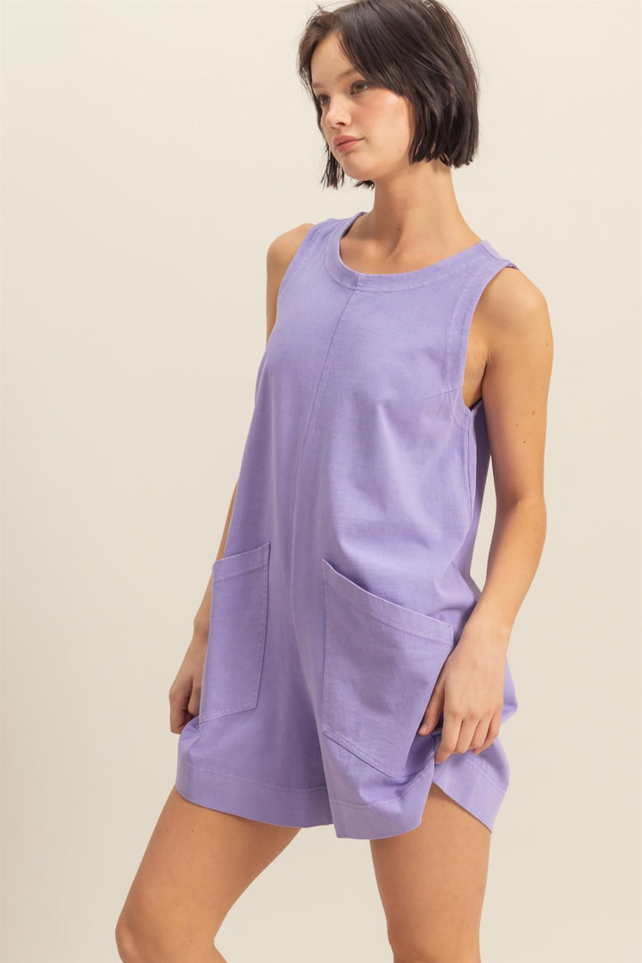 Lost in Your Love Sleeveless Romper with Pockets in Wisteria