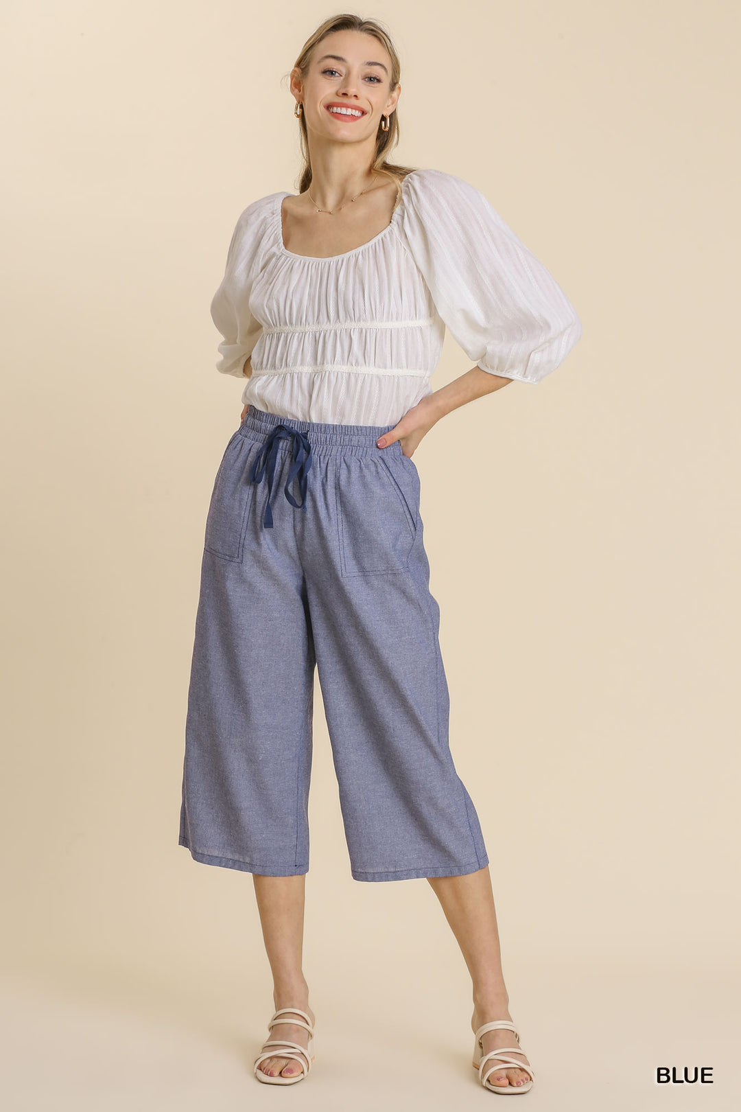 Dreaming Of The Day Cropped Chambray Pants with Drawstring