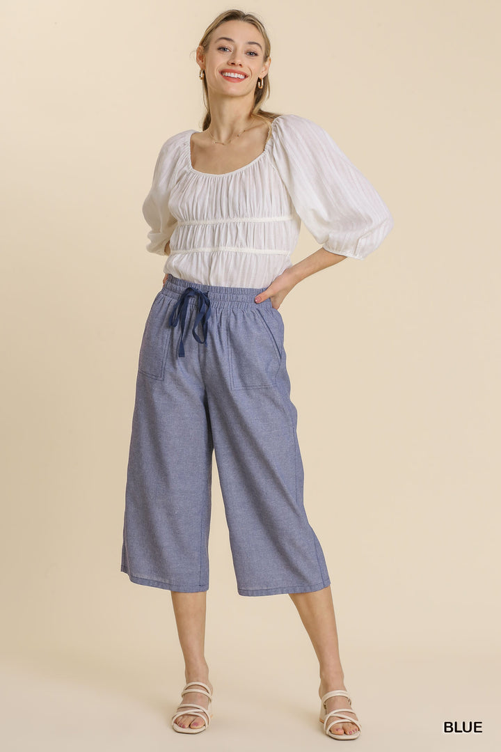 Dreaming Of The Day Cropped Chambray Pants with Drawstring